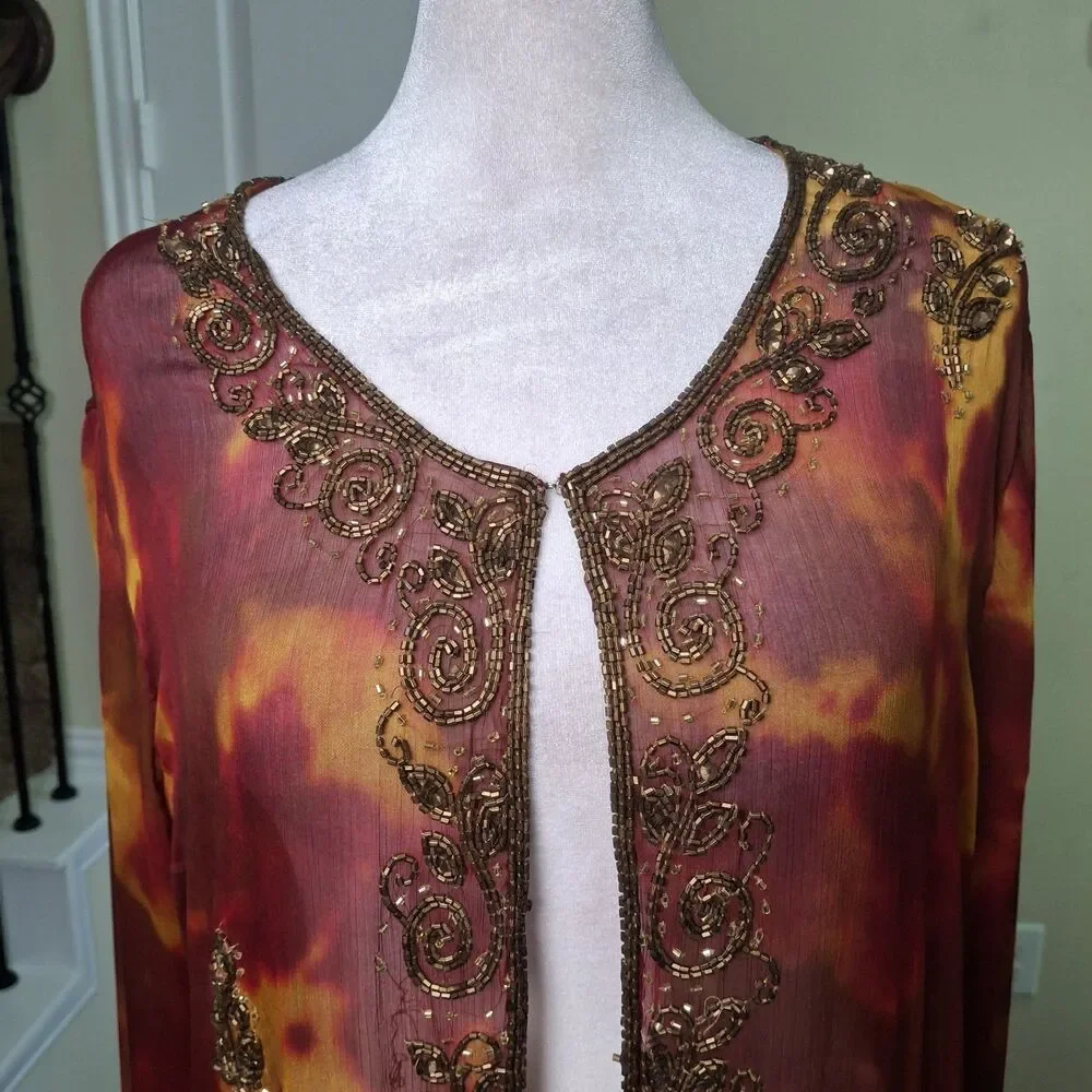INDIGO MOON Beaded Long Open Duster Kimono Tie Dye Gold Red Medium Boho Vacation